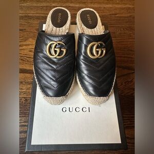 Gucci Pilar Marmont GG Logo Quilted Leather Espadrilles Mules Slippers size 37